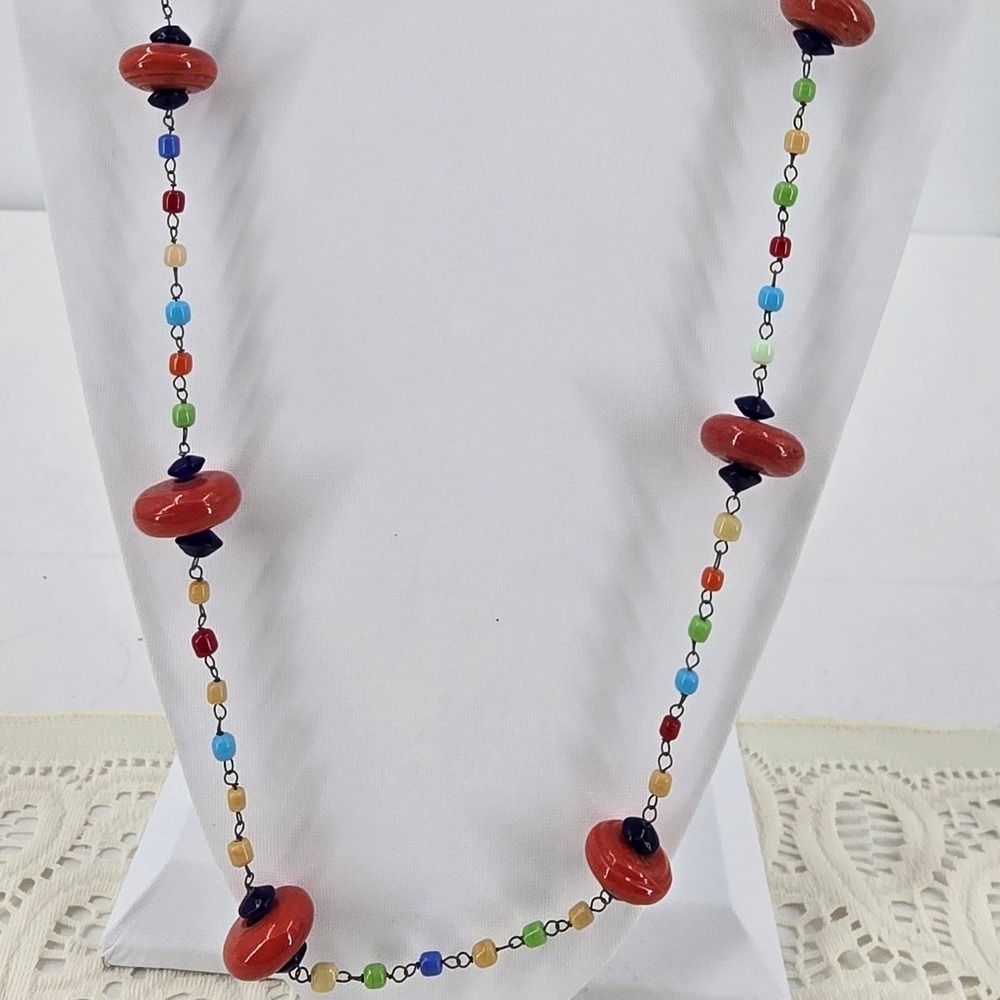 Vintage Art Glass Harlequin Necklace Multi Color Beaded Long Chain Statement